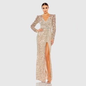 NWT $698 MAC DUGGAL Long Sleeve Embellished Puff FLORAL Faux Wrap Gown DRESS